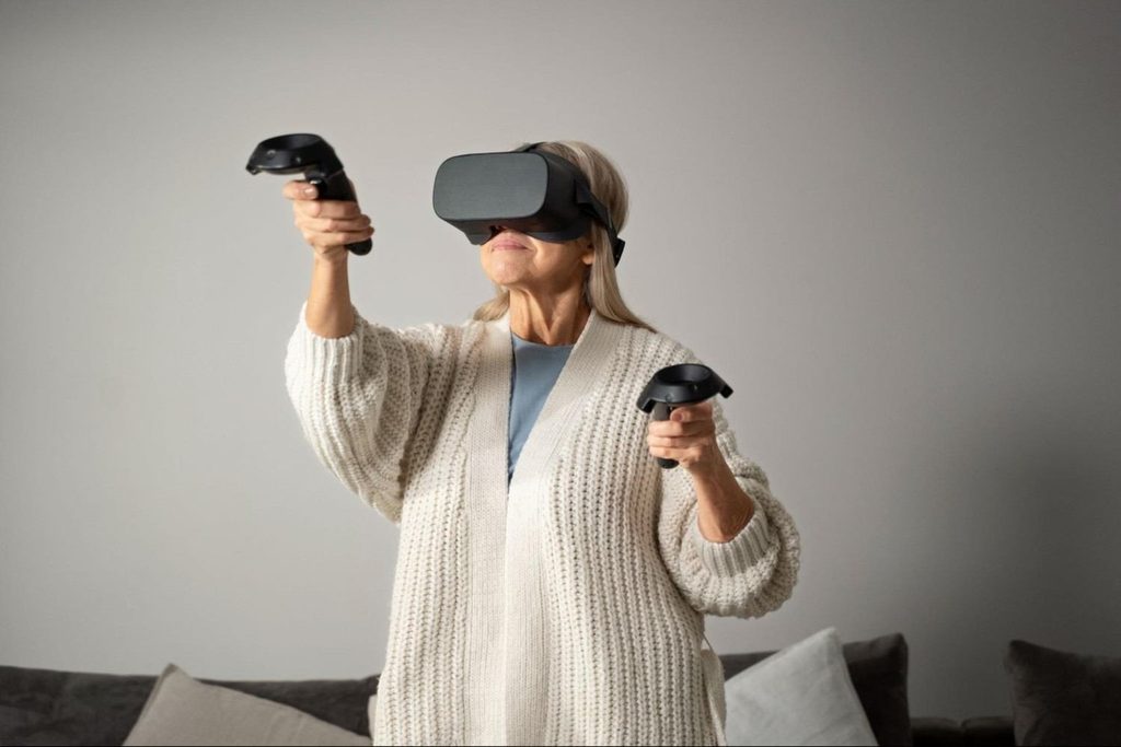 Older woman using VR headset